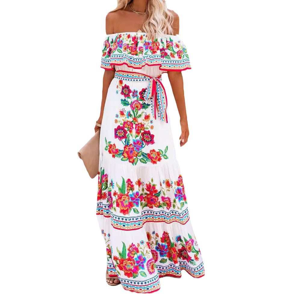 Women's Floral Off Shoulder Maxi Dress Boho Print Summer Vacation Long Dress - Seldom Seen Styles