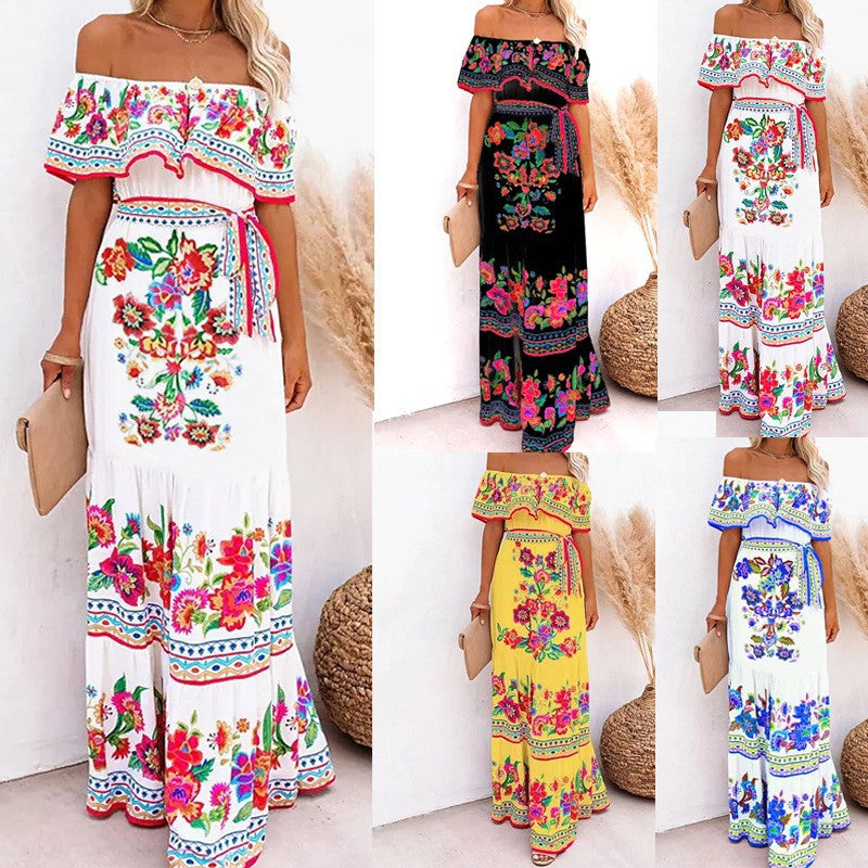 Women's Floral Off Shoulder Maxi Dress Boho Print Summer Vacation Long Dress - Seldom Seen Styles