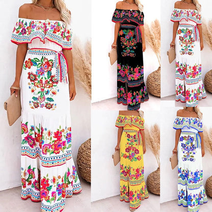 Women's Floral Off Shoulder Maxi Dress Boho Print Summer Vacation Long Dress