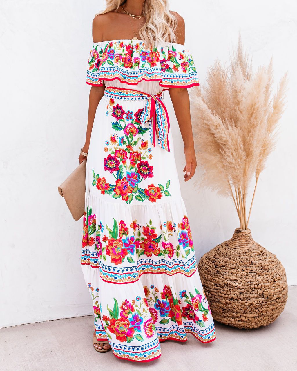 Women's Floral Off Shoulder Maxi Dress Boho Print Summer Vacation Long Dress - Seldom Seen Styles