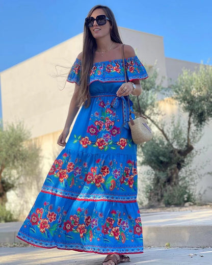 Women's Floral Off Shoulder Maxi Dress Boho Print Summer Vacation Long Dress