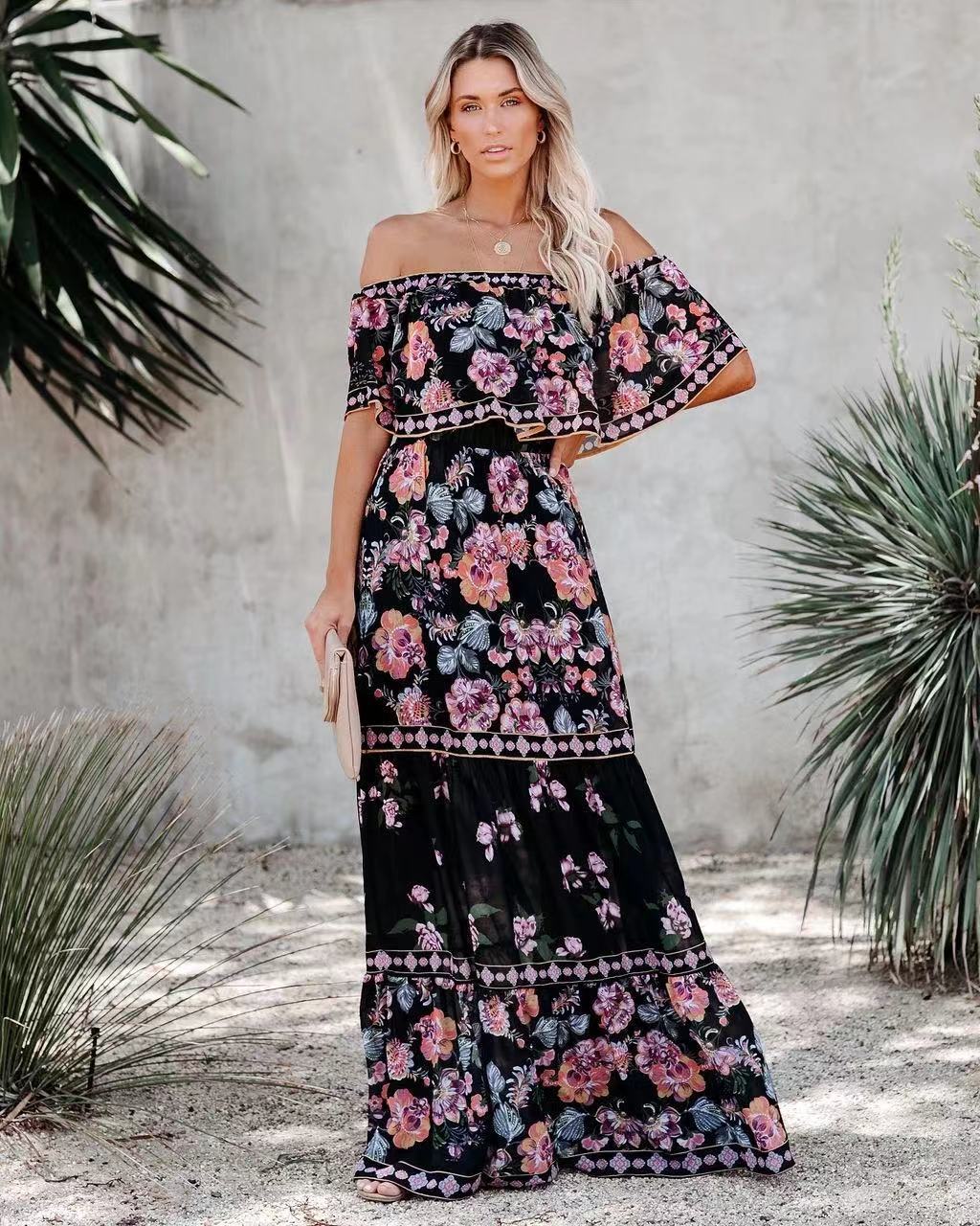 Women's Floral Off Shoulder Maxi Dress Boho Print Summer Vacation Long Dress - Seldom Seen Styles