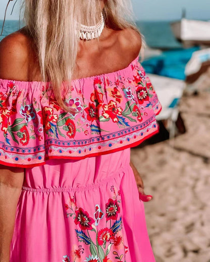 Women's Floral Off Shoulder Maxi Dress Boho Print Summer Vacation Long Dress