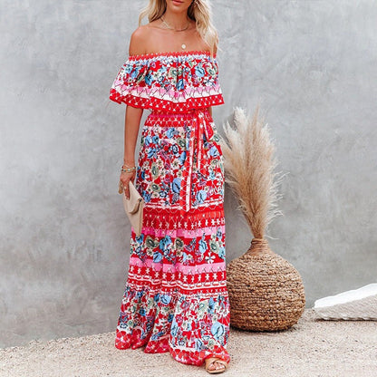 Women's Floral Off Shoulder Maxi Dress Boho Print Summer Vacation Long Dress