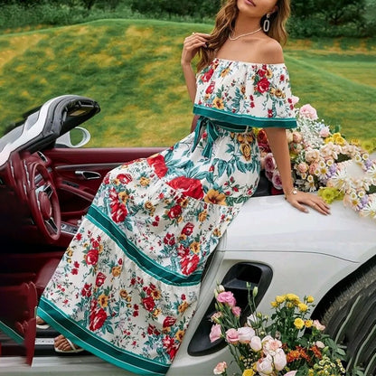 Women's Floral Off Shoulder Maxi Dress Boho Print Summer Vacation Long Dress