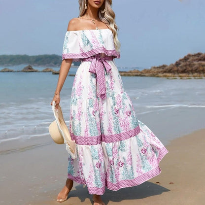 Women's Floral Off Shoulder Maxi Dress Boho Print Summer Vacation Long Dress