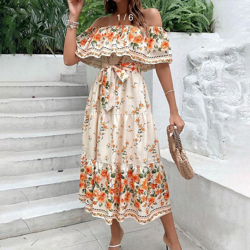 Women's Floral Off Shoulder Maxi Dress Boho Print Summer Vacation Long Dress - Seldom Seen Styles