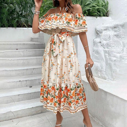 Women's Floral Off Shoulder Maxi Dress Boho Print Summer Vacation Long Dress
