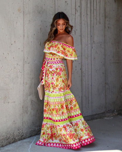 Women's Floral Off Shoulder Maxi Dress Boho Print Summer Vacation Long Dress