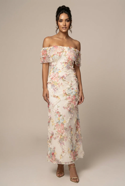 Women's Floral Off Shoulder Ruffle Trim Bodycon Maxi Dress - Seldom Seen Styles