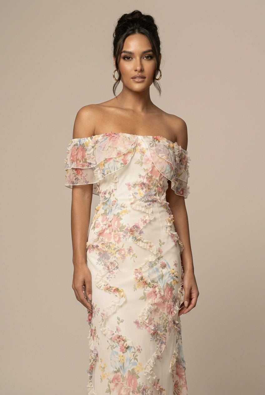 Women's Floral Off Shoulder Ruffle Trim Bodycon Maxi Dress - Seldom Seen Styles