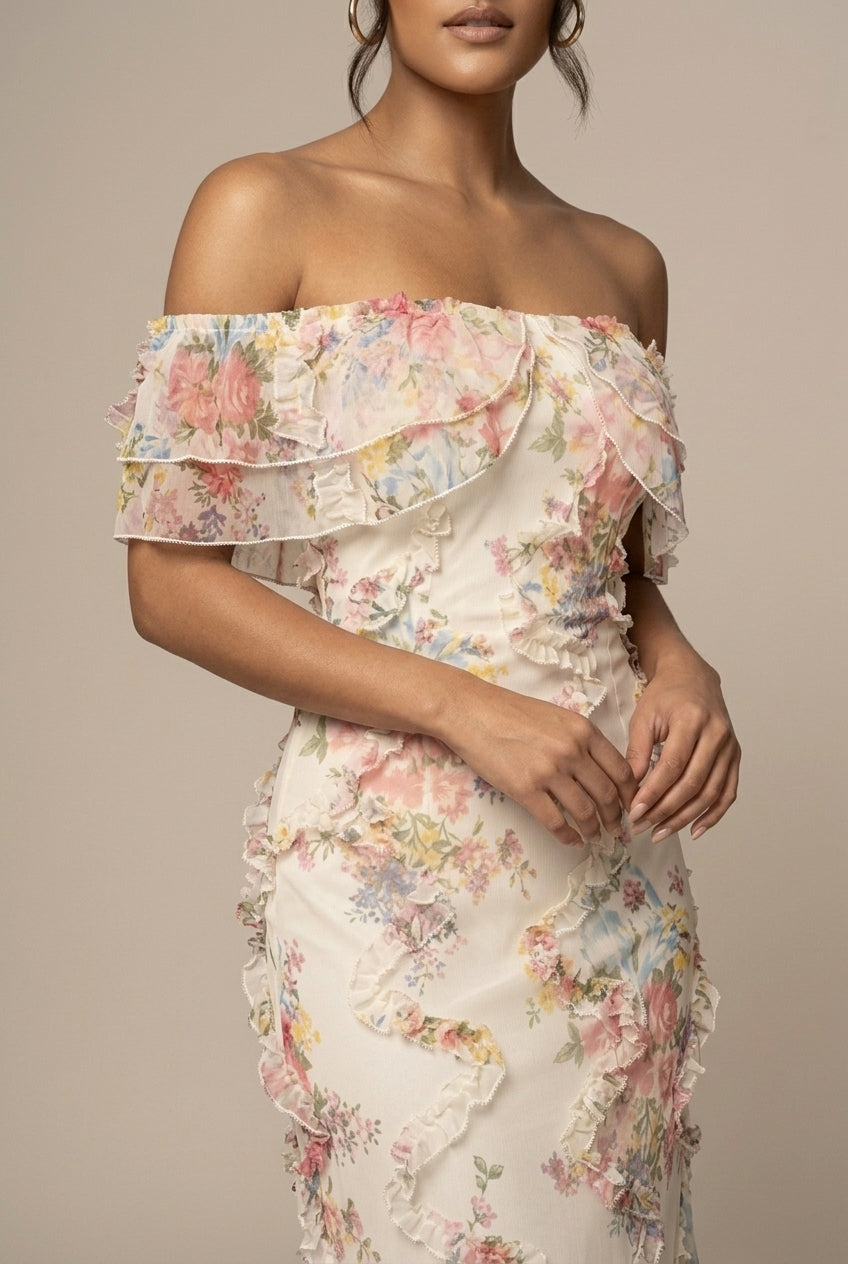 Women's Floral Off Shoulder Ruffle Trim Bodycon Maxi Dress - Seldom Seen Styles