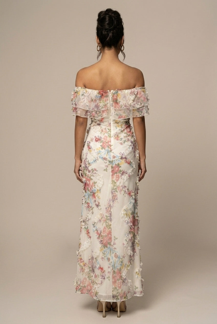 Women's Floral Off Shoulder Ruffle Trim Bodycon Maxi Dress - Seldom Seen Styles