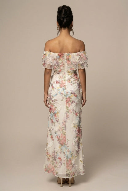 Women's Floral Off Shoulder Ruffle Trim Bodycon Maxi Dress