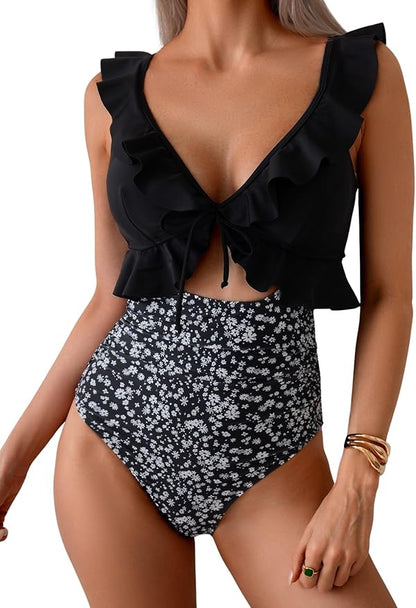 Women's Floral One Piece Swimsuit Tummy Control Ruffle V Neck Bathing Suit