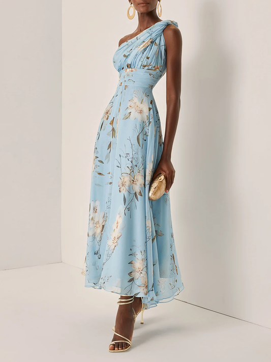 Women's Floral One Shoulder Maxi Dress Pleated Chiffon Elegant Evening Dress - Seldom Seen Styles