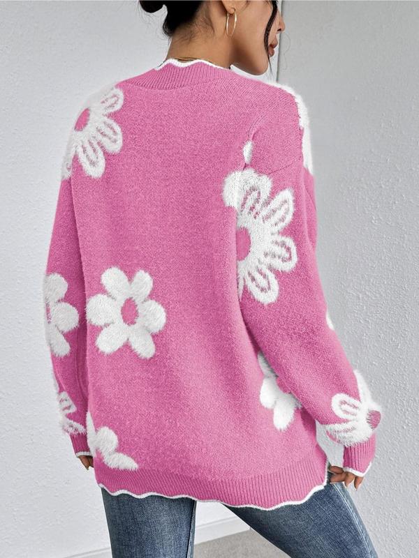 Women's Floral Pattern Scallop Trim Drop Shoulder Sweater, Casual Long Sleeve V Neck Jumper for Fall & Winter, Fashion Ladies' Knitwear for Daily Wear - Seldom Seen Styles