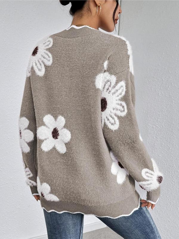Women's Floral Pattern Scallop Trim Drop Shoulder Sweater, Casual Long Sleeve V Neck Jumper for Fall & Winter, Fashion Ladies' Knitwear for Daily Wear - Seldom Seen Styles