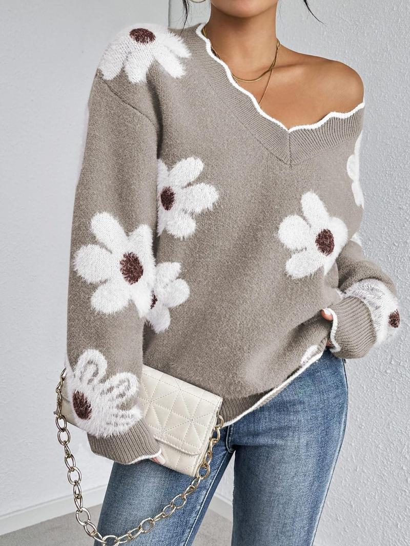 Women's Floral Pattern Scallop Trim Drop Shoulder Sweater, Casual Long Sleeve V Neck Jumper for Fall & Winter, Fashion Ladies' Knitwear for Daily Wear - Seldom Seen Styles