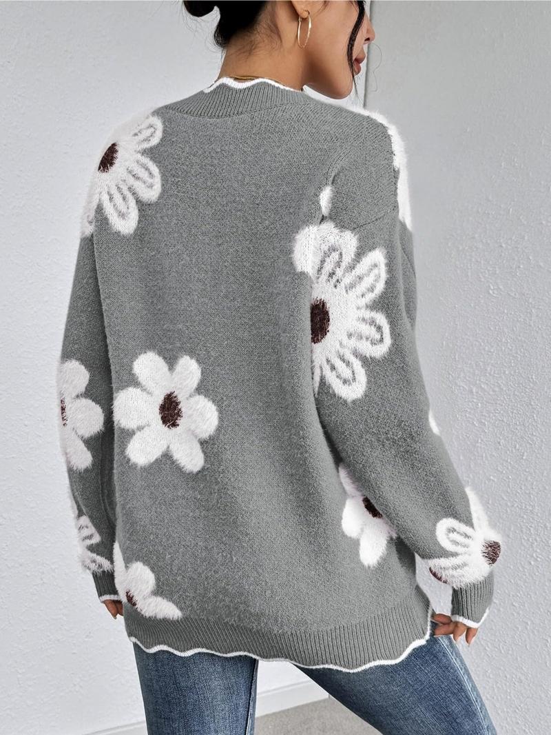 Women's Floral Pattern Scallop Trim Drop Shoulder Sweater, Casual Long Sleeve V Neck Jumper for Fall & Winter, Fashion Ladies' Knitwear for Daily Wear - Seldom Seen Styles