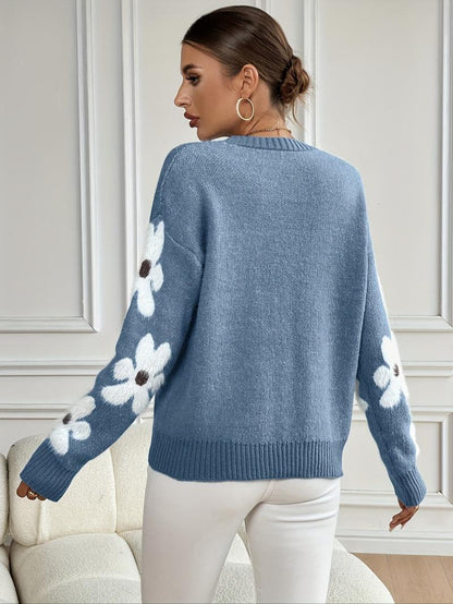 Women's Floral Pattern Scallop Trim Drop Shoulder Sweater, Casual Long Sleeve V Neck Jumper for Fall & Winter, Fashion Ladies' Knitwear for Daily Wear