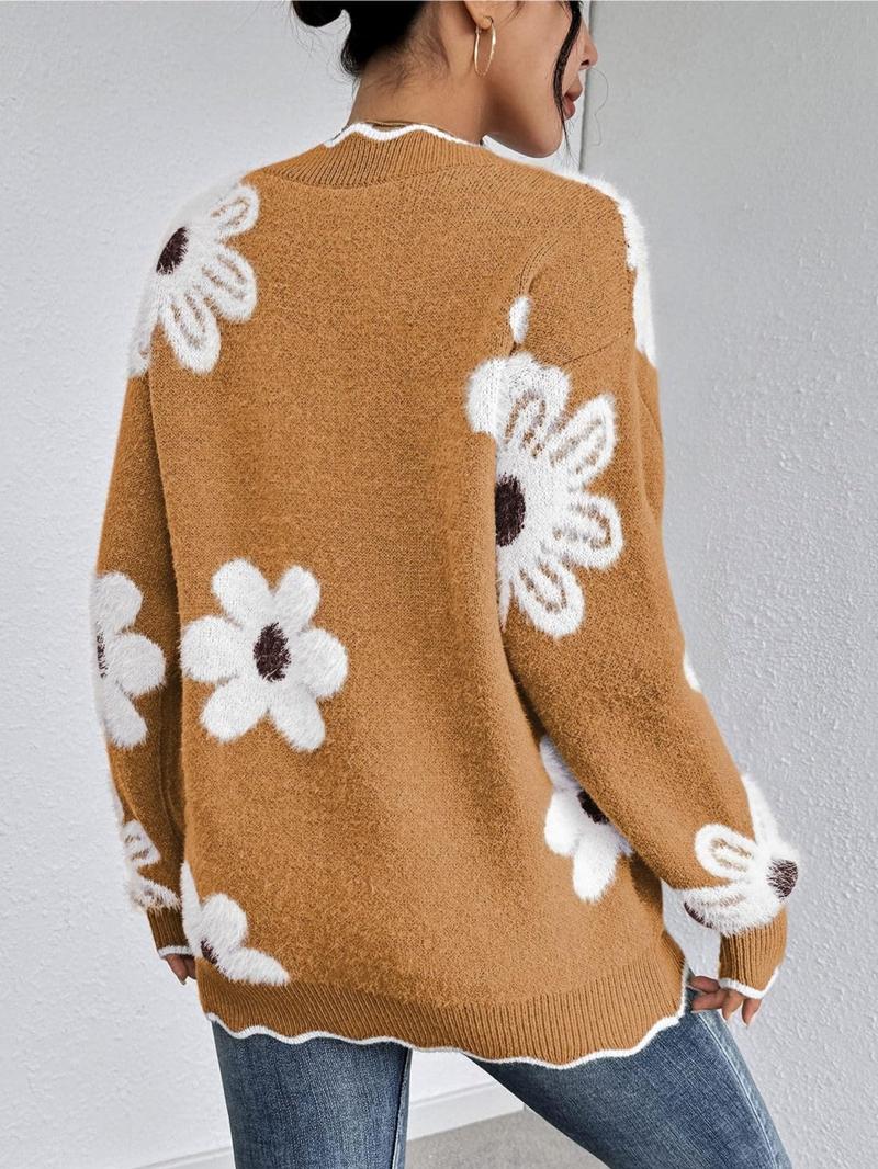 Women's Floral Pattern Scallop Trim Drop Shoulder Sweater, Casual Long Sleeve V Neck Jumper for Fall & Winter, Fashion Ladies' Knitwear for Daily Wear - Seldom Seen Styles