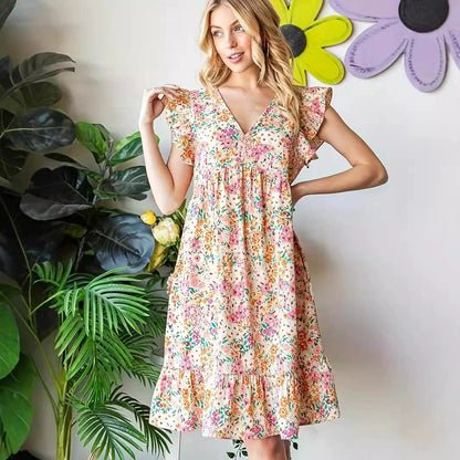 Women's Floral Print Babydoll Dress V Neck Ruffle Sleeve Boho Mini Dress Casual Summer Sundress
