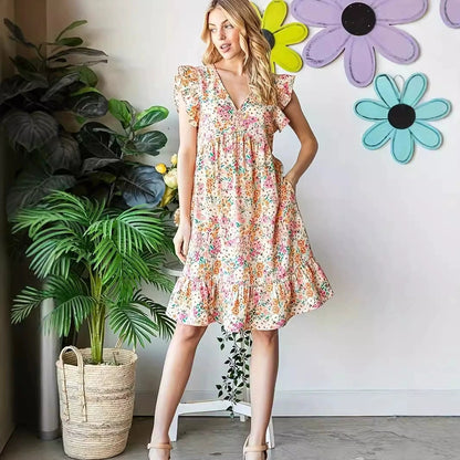 Women's Floral Print Babydoll Dress V Neck Ruffle Sleeve Boho Mini Dress Casual Summer Sundress