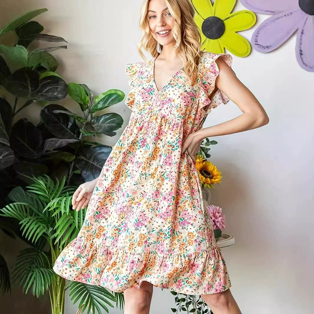 Women's Floral Print Babydoll Dress V Neck Ruffle Sleeve Boho Mini Dress Casual Summer Sundress - Seldom Seen Styles