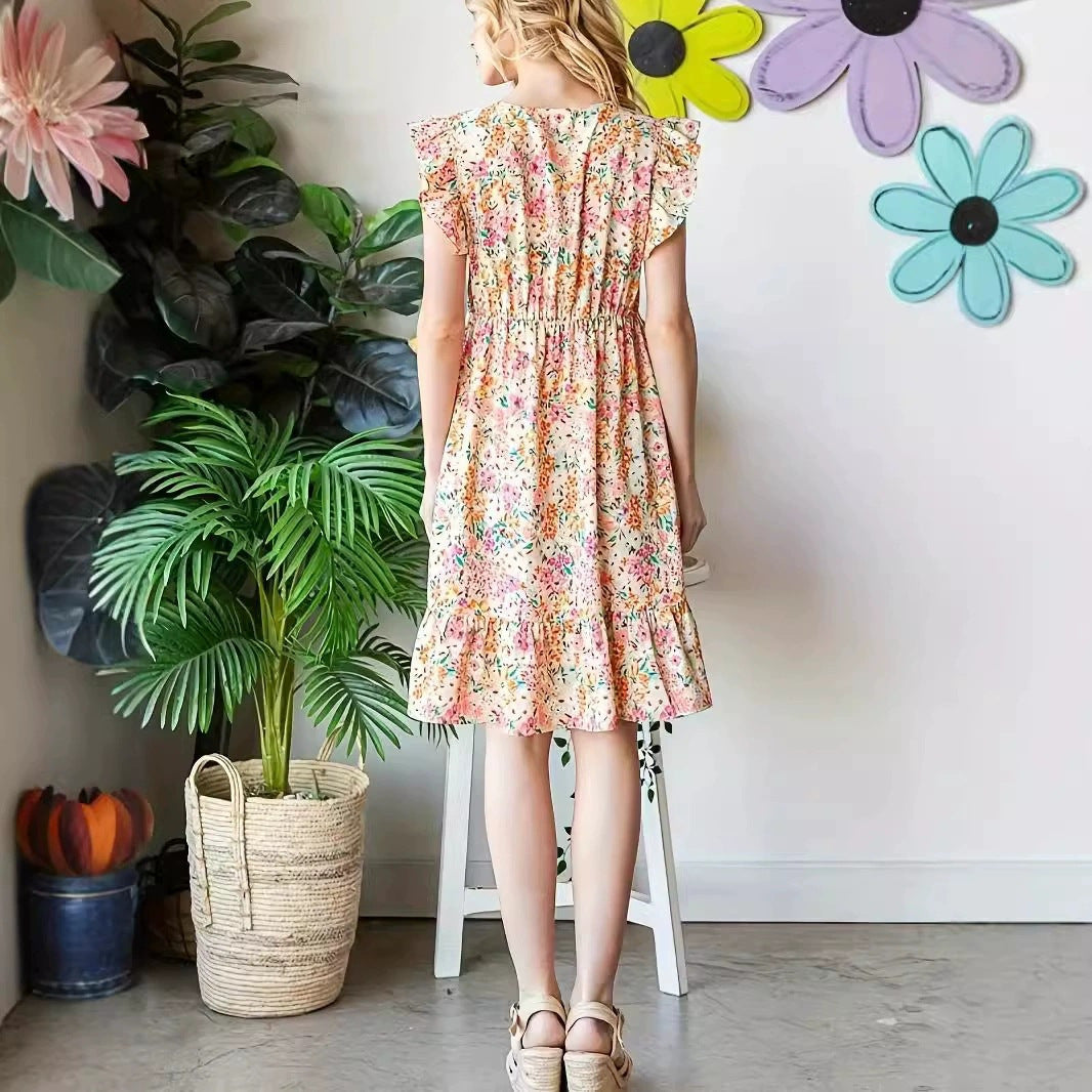 Women's Floral Print Babydoll Dress V Neck Ruffle Sleeve Boho Mini Dress Casual Summer Sundress - Seldom Seen Styles