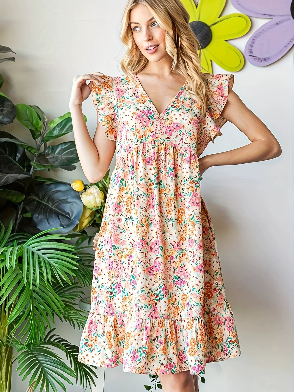 Women's Floral Print Babydoll Dress V Neck Ruffle Sleeve Boho Mini Dress Casual Summer Sundress - Seldom Seen Styles