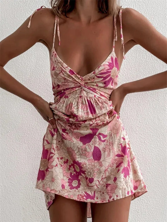 Women's Floral Print Backless Mini Dress Boho Ruched Slip Summer Beach Dress - Seldom Seen Styles