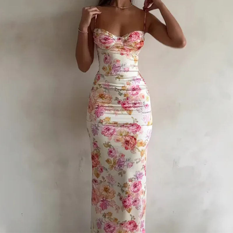 Women's Floral Print Bodycon Maxi Dress with Sweetheart Neck - Seldom Seen Styles