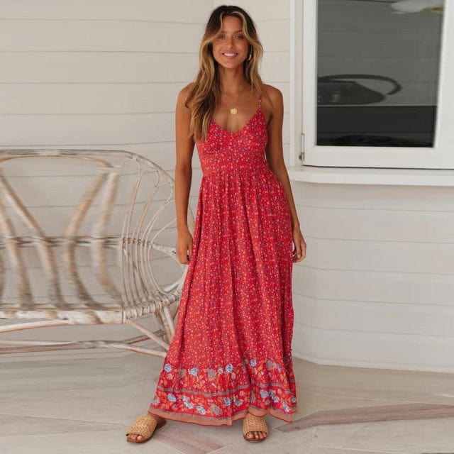 Women's Floral Print Boho Maxi Dress Spaghetti Strap Empire Waist Chiffon Summer Beach Vacation Dress - Seldom Seen Styles