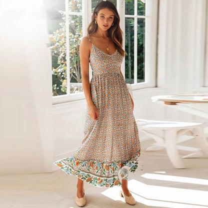 Women's Floral Print Boho Maxi Dress Spaghetti Strap Empire Waist Chiffon Summer Beach Vacation Dress
