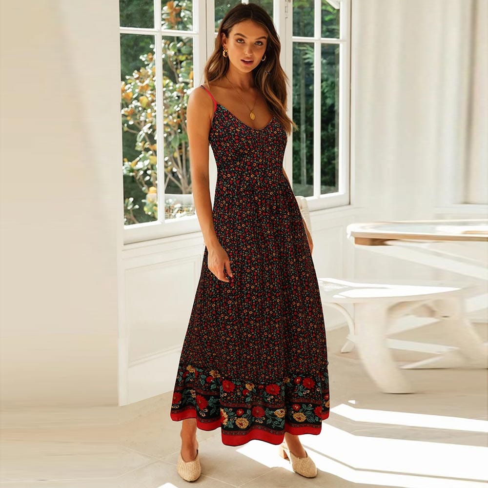 Women's Floral Print Boho Maxi Dress Spaghetti Strap Empire Waist Chiffon Summer Beach Vacation Dress - Seldom Seen Styles