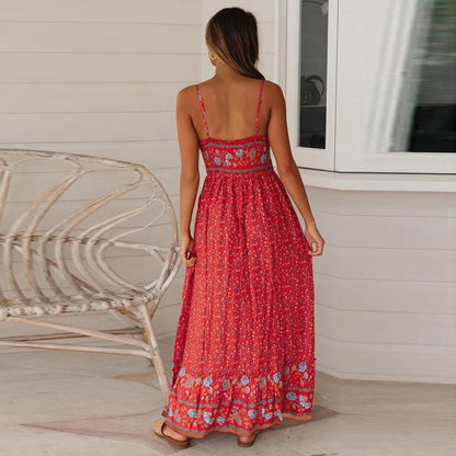 Women's Floral Print Boho Maxi Dress Spaghetti Strap Empire Waist Chiffon Summer Beach Vacation Dress