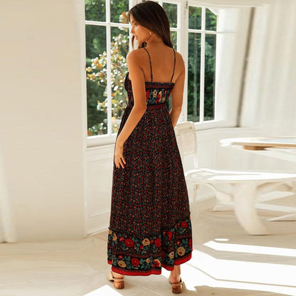Women's Floral Print Boho Maxi Dress Spaghetti Strap Empire Waist Chiffon Summer Beach Vacation Dress