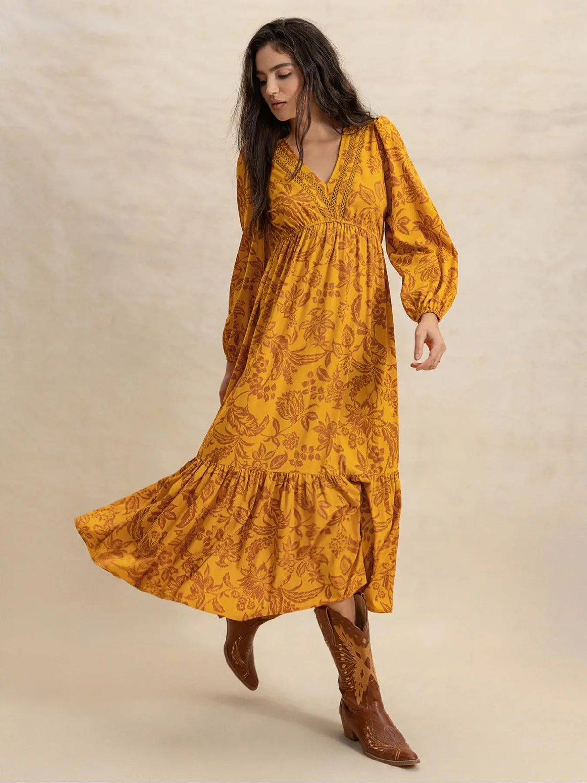 Women's Floral Print Contrast Lace Long Sleeve Ruffle Hem Dress, Chic Elegant Bishop Sleeve V Neck A Line Dress for Vacation Holiday, Women's Clothes Womenswear for Fall & Winter - Seldom Seen Styles