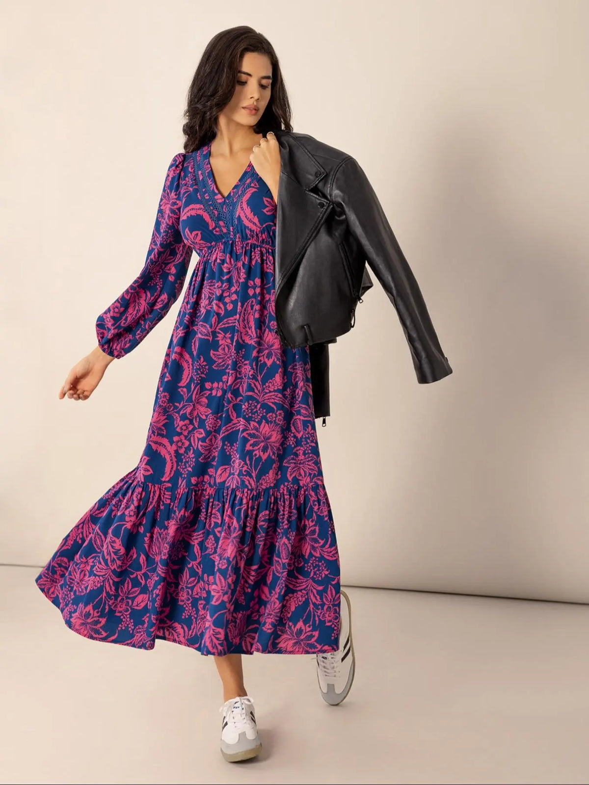 Women's Floral Print Contrast Lace Long Sleeve Ruffle Hem Dress, Chic Elegant Bishop Sleeve V Neck A Line Dress for Vacation Holiday, Women's Clothes Womenswear for Fall & Winter - Seldom Seen Styles