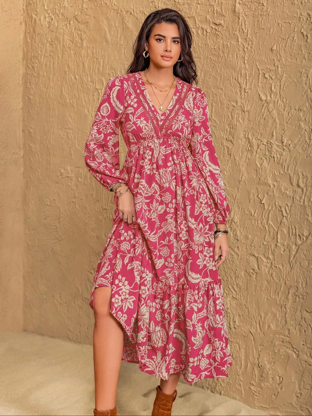 Women's Floral Print Contrast Lace Long Sleeve Ruffle Hem Dress, Chic Elegant Bishop Sleeve V Neck A Line Dress for Vacation Holiday, Women's Clothes Womenswear for Fall & Winter - Seldom Seen Styles