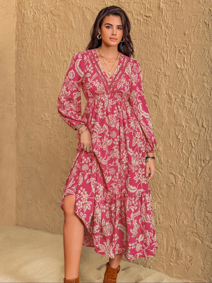 Women's Floral Print Contrast Lace Long Sleeve Ruffle Hem Dress, Chic Elegant Bishop Sleeve V Neck A Line Dress for Vacation Holiday, Women's Clothes Womenswear for Fall & Winter