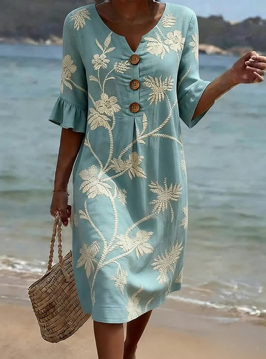 Women's Floral Print Dress V Neck Short Sleeve Casual Loose Fit Summer Dress - Seldom Seen Styles