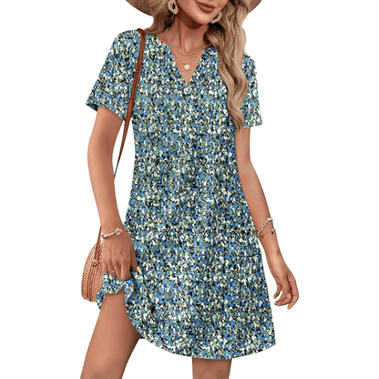 Women's Floral Print Dress V Neck Short Sleeve Casual Summer Beach Mini Dress