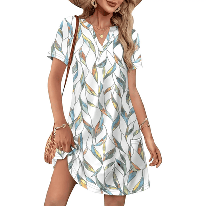 Women's Floral Print Dress V Neck Short Sleeve Casual Summer Beach Mini Dress