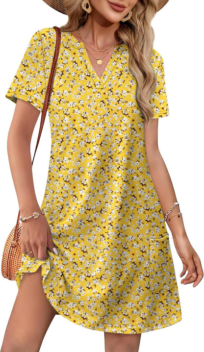 Women's Floral Print Dress V Neck Short Sleeve Casual Summer Beach Mini Dress