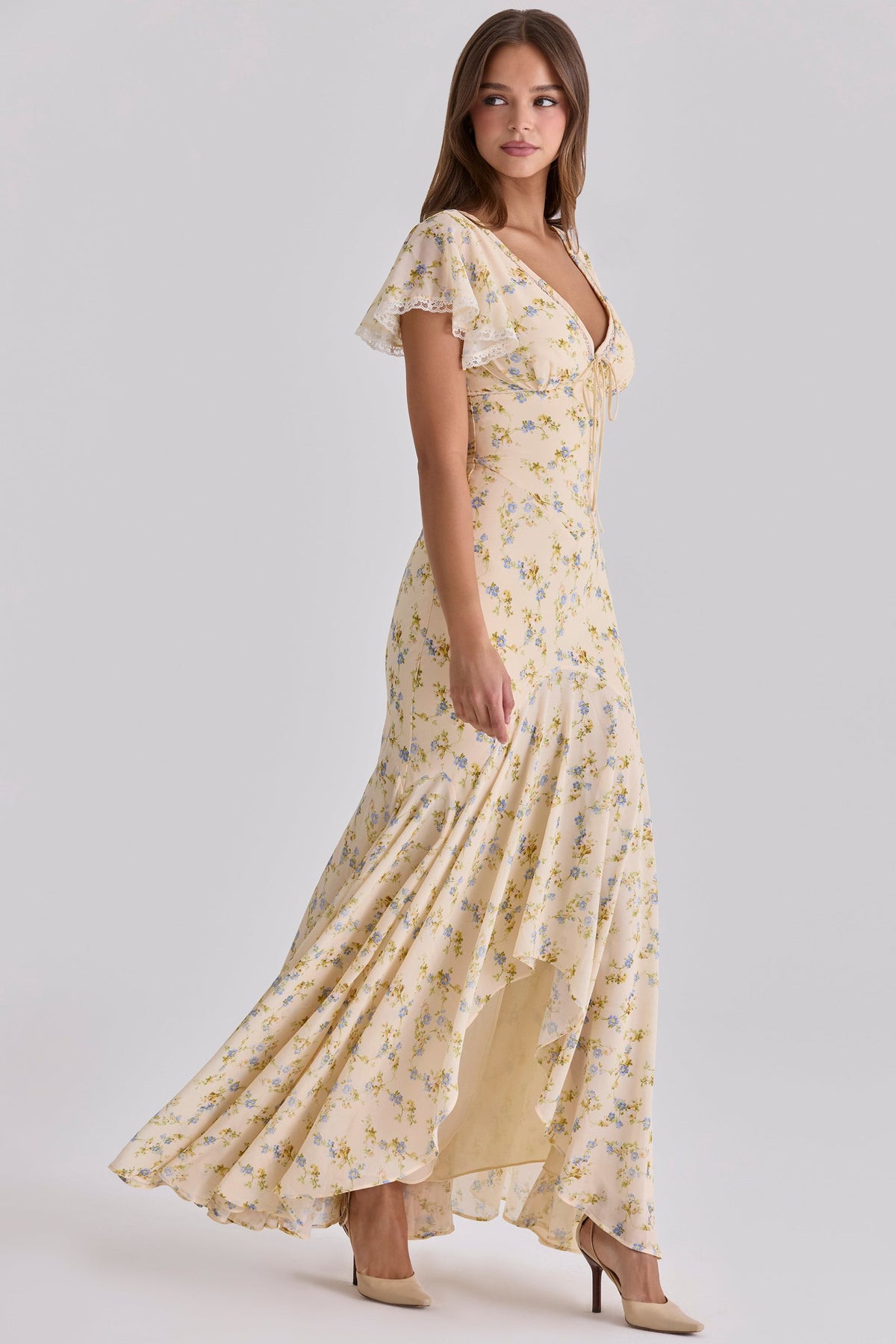 Women's Floral Print Georgette Maxi Tea Dress Lace Trim Ruffled Hem Lightweight Summer Garden Party Wedding Guest Dress - Seldom Seen Styles