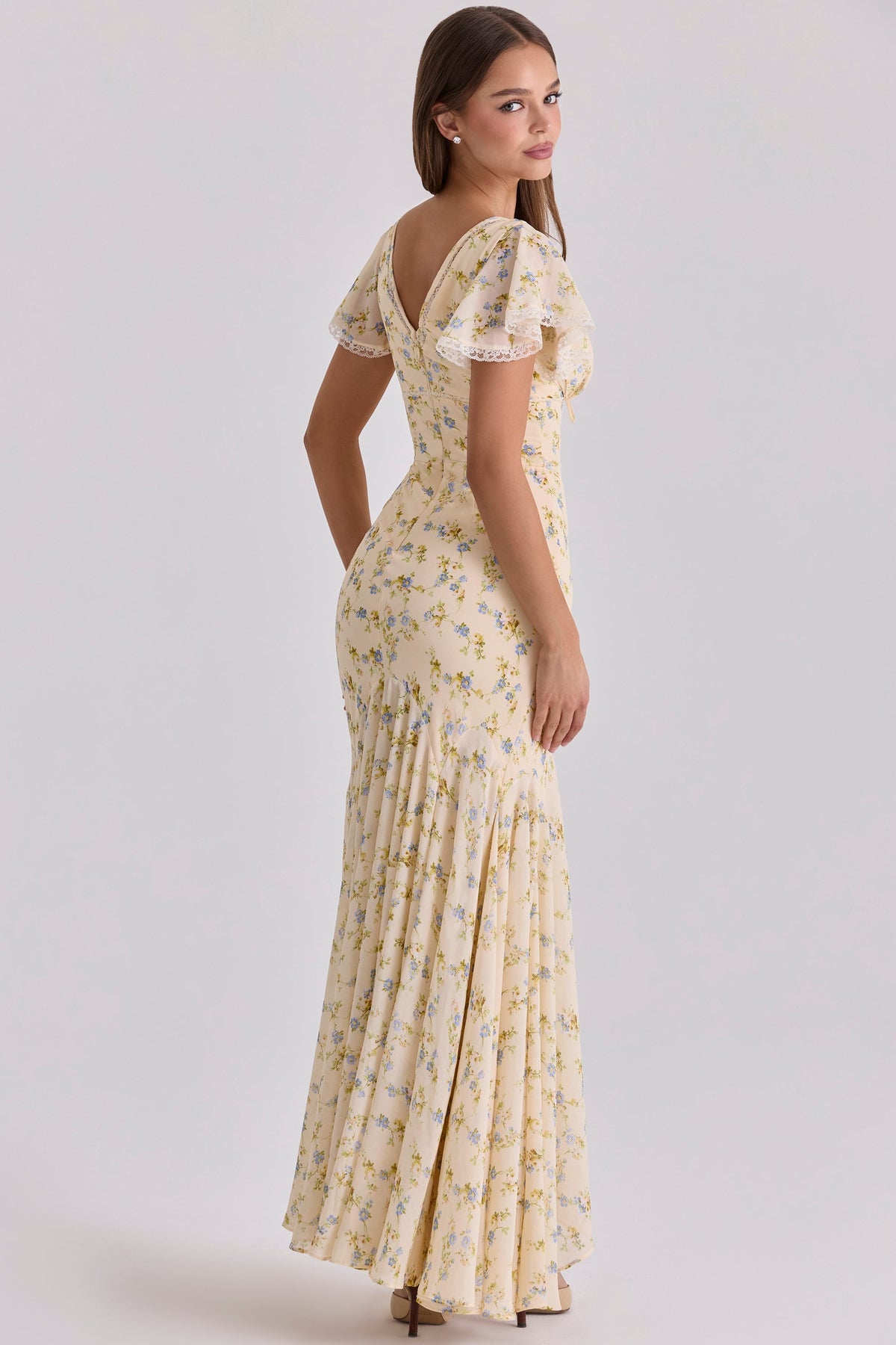 Women's Floral Print Georgette Maxi Tea Dress Lace Trim Ruffled Hem Lightweight Summer Garden Party Wedding Guest Dress - Seldom Seen Styles