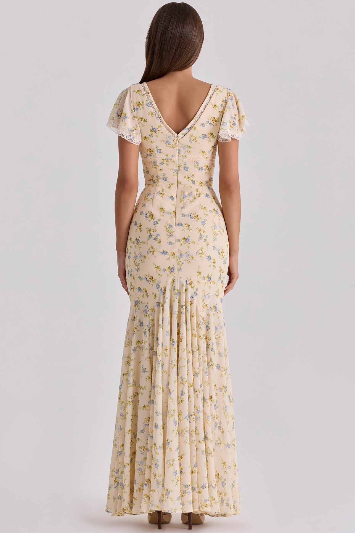Women's Floral Print Georgette Maxi Tea Dress Lace Trim Ruffled Hem Lightweight Summer Garden Party Wedding Guest Dress - Seldom Seen Styles
