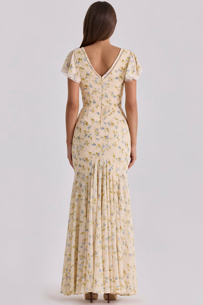 Women's Floral Print Georgette Maxi Tea Dress Lace Trim Ruffled Hem Lightweight Summer Garden Party Wedding Guest Dress